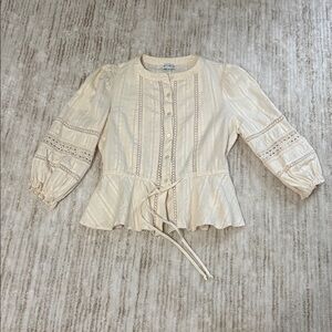 Wonderly Hemp Beige Cotton Lace Peplum Blouse Size Small Cottagecore